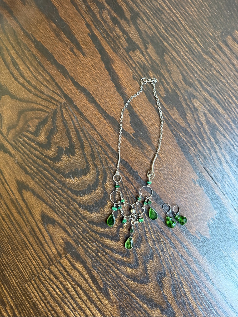 Silver-tone Green Teardrop Crystal Necklace and Crystal beaded dangle Earrings